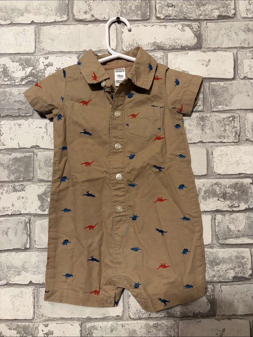 Carter's Tan Short-Sleeve Romper with Dino Embroidery